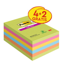 Lade das Bild in den Galerie-Viewer, Post-it® Super Sticky Notes im Großformat, Verschiedene Farben, Liniert, 101 mm x 152 mm, Promotion, 90 Blatt/Block, 4 Blöcke + 2 Gratis/Packung, 100% PEFC, SGSCH-PEFC-COC-110078 | Packung (1 Stück)