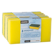 Lade das Bild in den Galerie-Viewer, Starpak 3 Topfreiniger, Schwamm Jumbo eckig 4,1 cm x 14,8 cm x 8,5 cm gelb/grün mit Griffrille, kratzend | Banderole (3 Stück)