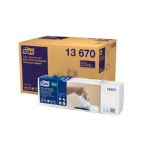 Lade das Bild in den Galerie-Viewer, Tork Xpressnap® 13670 Extra Soft Blätterdesign Weiße Spenderserviette Premium N4 2-lagig | Karton (8 Packungen)