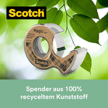 Lade das Bild in den Galerie-Viewer, Scotch® Magic™ Klebeband, mit 66 % pflanzlichem Klebstoff hergestellt, 19 mm x 20 m, 1 Rolle + 1 Abroller aus Recyclingmaterial/Packung | Packung (1 Rolle)
