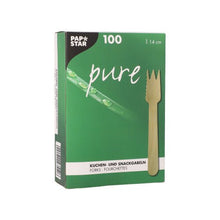 Lade das Bild in den Galerie-Viewer, PAPSTAR Kuchen- und Snackgabeln Holz "pure" 14 cm, gezackt | Papptray (100 Stück)
