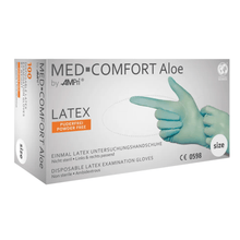 Lade das Bild in den Galerie-Viewer, AMPri MED-COMFORT Aloe Latexhandschuhe puderfrei, mintgrün | Box (100 Stück)
