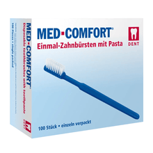 Lade das Bild in den Galerie-Viewer, AMPri MED-COMFORT Dental PS Einmal Zahnbürste mit Zahnpasta, verschiedene Farben | Box (100 Stück)
