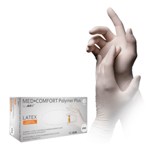 Lade das Bild in den Galerie-Viewer, AMPri MED-COMFORT Polymer Plus Latexhandschuhe puderfrei, weiß | Box (100 Stück)

