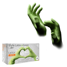 Lade das Bild in den Galerie-Viewer, AMPri STYLE GREEN Latexhandschuhe puderfrei by MED-COMFORT, Grün | Box (100 Stück)
