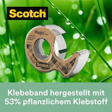 Lade das Bild in den Galerie-Viewer, Scotch® Magic™ Klebeband, mit 66 % pflanzlichem Klebstoff hergestellt, 19 mm x 20 m, 1 Rolle + 1 Abroller aus Recyclingmaterial/Packung | Packung (1 Rolle)
